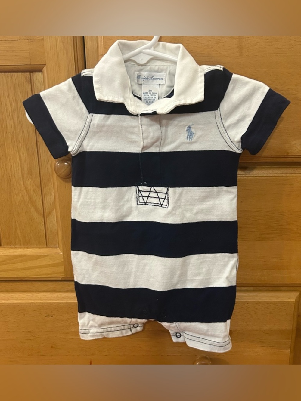Ralph Lauren Baby Boy's Cotton Knit Blue and White Striped  Romper Size 3 Months